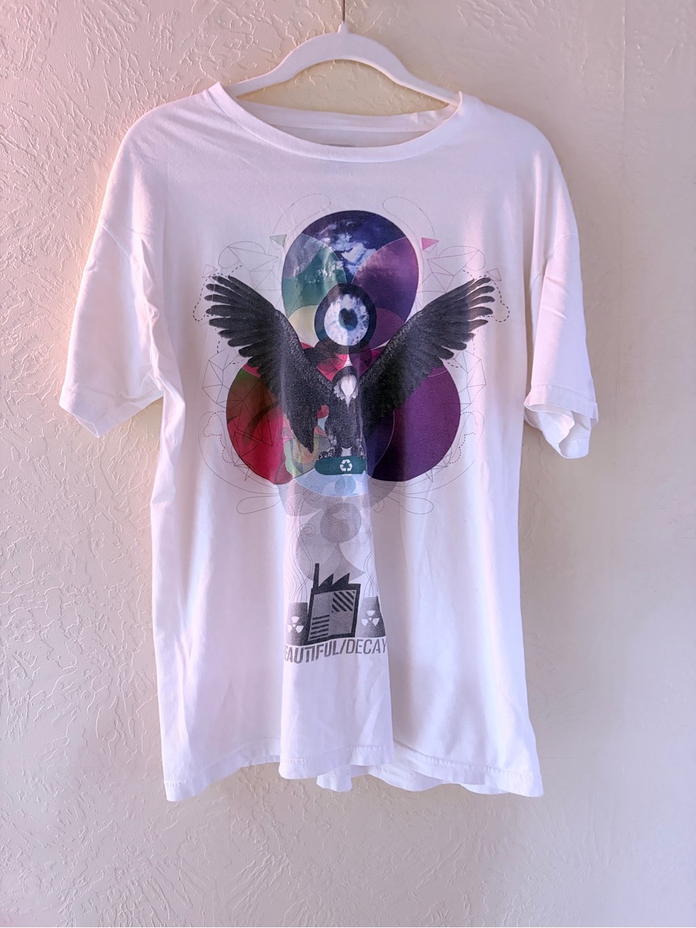 Beautiful Decay Eagle Graphic Art Tee — White with Purple & Blue Accents